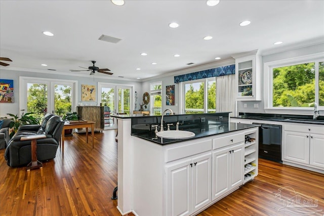 kitchen featuring black dishwasher, a ceiling fan, and a sink