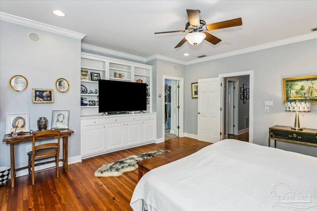 bedroom featuring baseboards, dark wood finished floors, and ornamental molding
