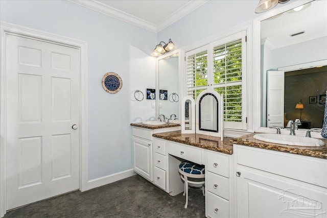 bathroom featuring a sink, crown molding, and double vanity