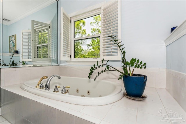 full bath featuring a whirlpool tub, visible vents, and ornamental molding