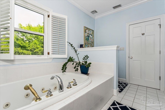 bathroom with crown molding, tile patterned floors, visible vents, and a jetted tub