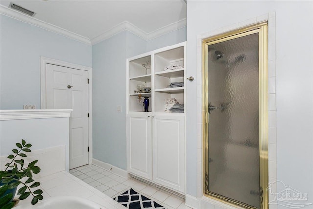 full bath featuring visible vents, crown molding, a stall shower, tile patterned floors, and baseboards