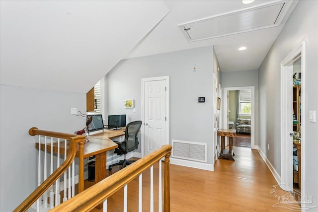 office with attic access, recessed lighting, baseboards, light wood-type flooring, and visible vents