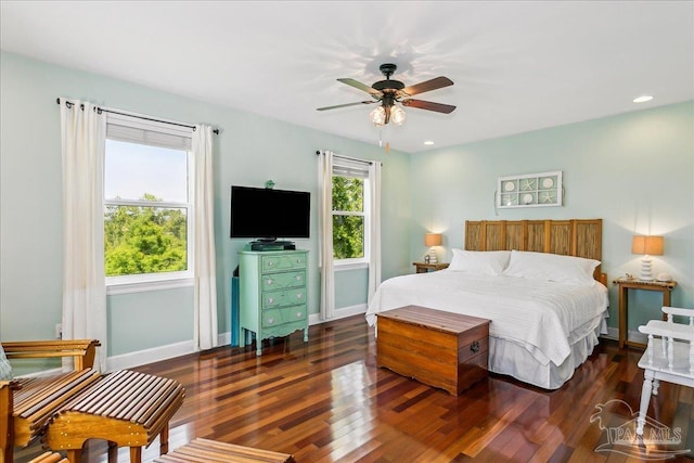 bedroom with baseboards, a ceiling fan, recessed lighting, and wood finished floors