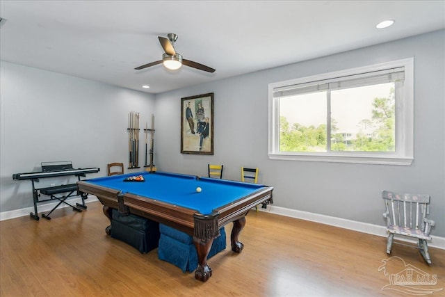 recreation room with billiards, ceiling fan, wood finished floors, baseboards, and recessed lighting