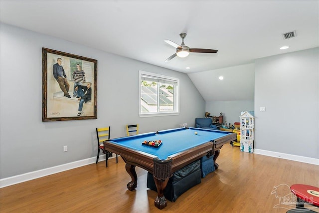 recreation room with billiards, a ceiling fan, wood finished floors, and visible vents