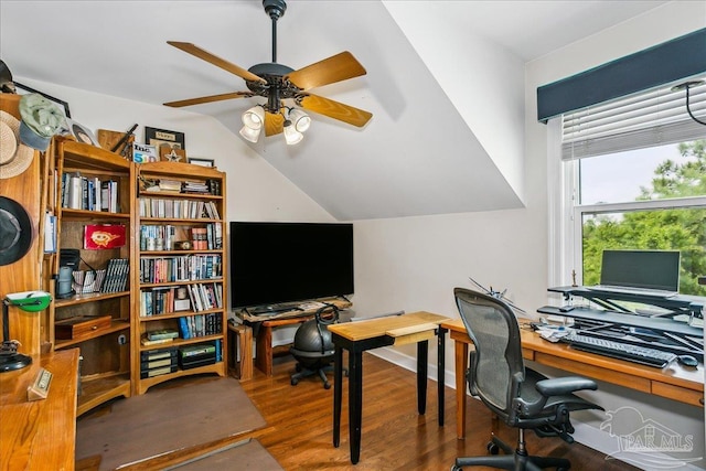 office with ceiling fan, wood finished floors, and lofted ceiling