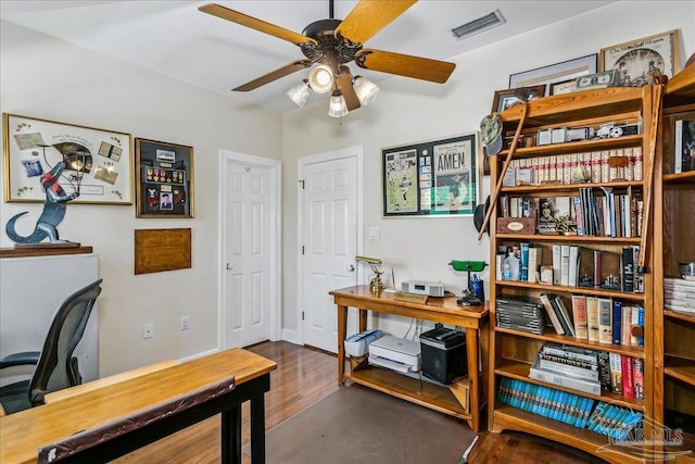 office area featuring visible vents, ceiling fan, and wood finished floors