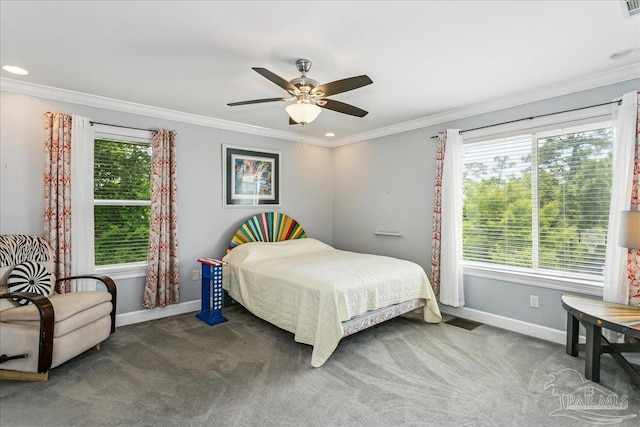 carpeted bedroom with a ceiling fan, visible vents, baseboards, ornamental molding, and recessed lighting