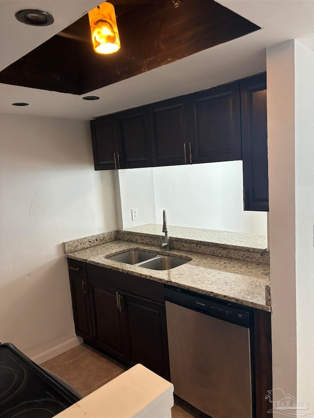 kitchen with light stone countertops, dishwasher, light wood-type flooring, black range with electric cooktop, and sink