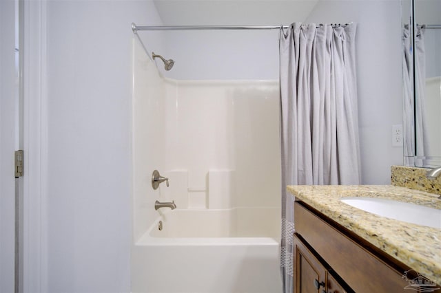 bathroom featuring shower / tub combo with curtain and vanity