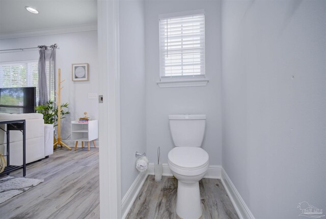 bathroom with crown molding, hardwood / wood-style flooring, and toilet