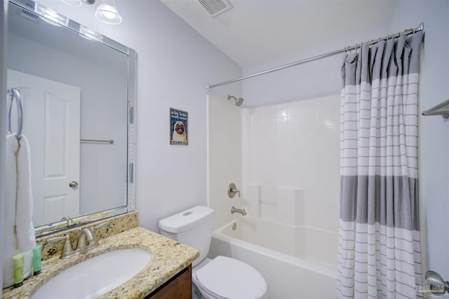 full bathroom with shower / bathtub combination with curtain, toilet, and vanity