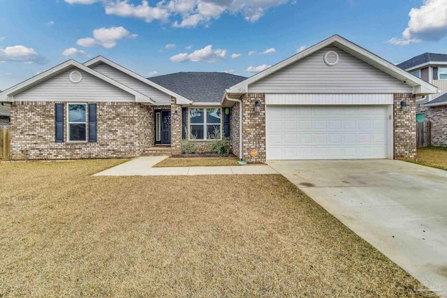 ranch-style home with a garage, driveway, a front yard, and brick siding