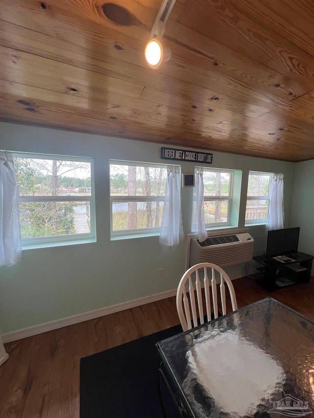 dining space featuring hardwood / wood-style flooring, wood ceiling, and lofted ceiling