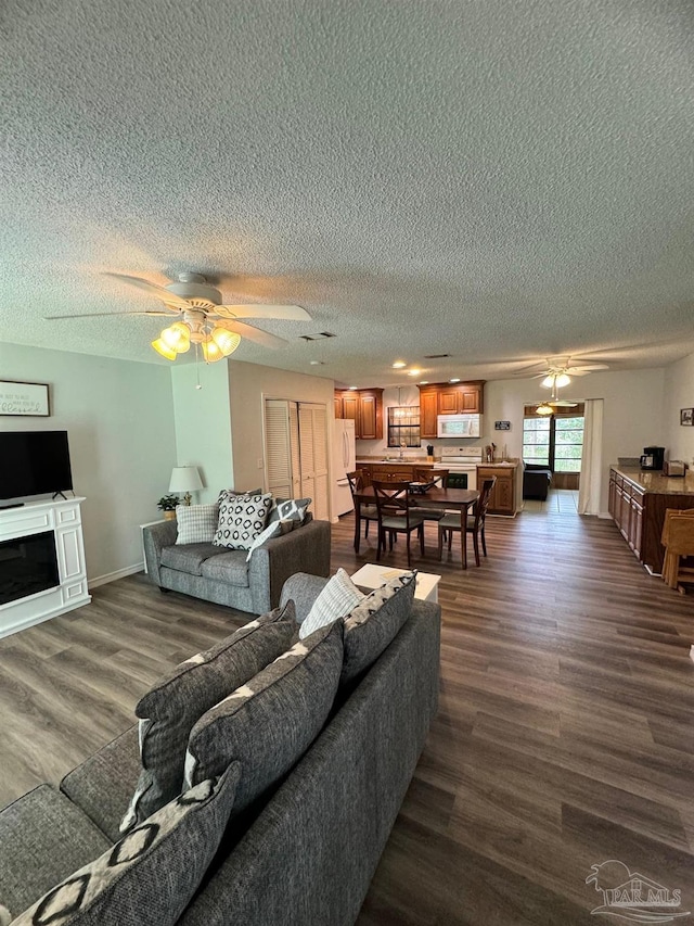 living room featuring ceiling fan, dark hardwood / wood-style flooring, and a textured ceiling