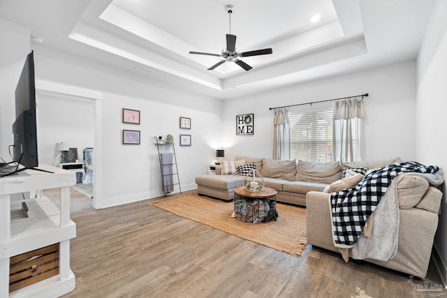 5722 Conley Ct, Pace, FL 32571 - living room with a tray ceiling, a ceiling fan, wood finished floors, and baseboards