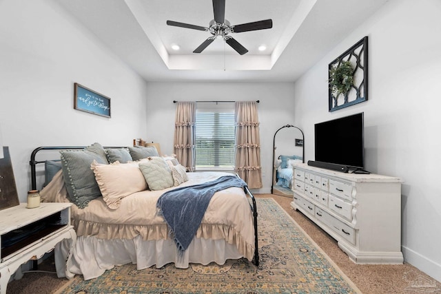 5722 Conley Ct, Pace, FL 32571 - bedroom featuring a tray ceiling, a ceiling fan, light colored carpet, baseboards, and recessed lighting
