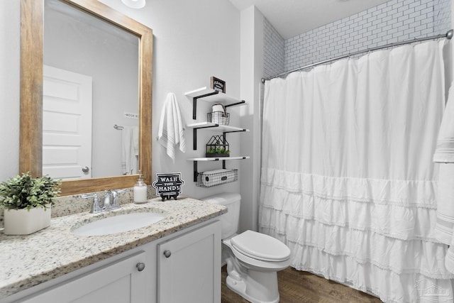 5722 Conley Ct, Pace, FL 32571 - bathroom featuring vanity, toilet, wood finished floors, and a shower with curtain