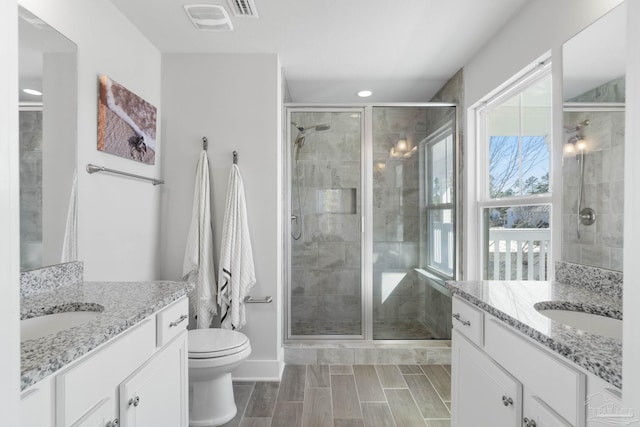 bathroom with vanity, an enclosed shower, and toilet