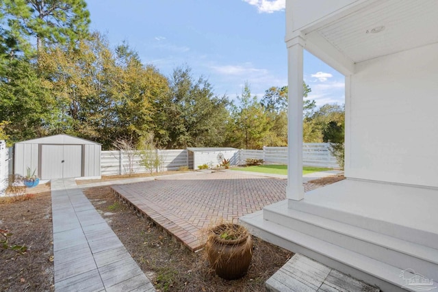 exterior space with a storage shed