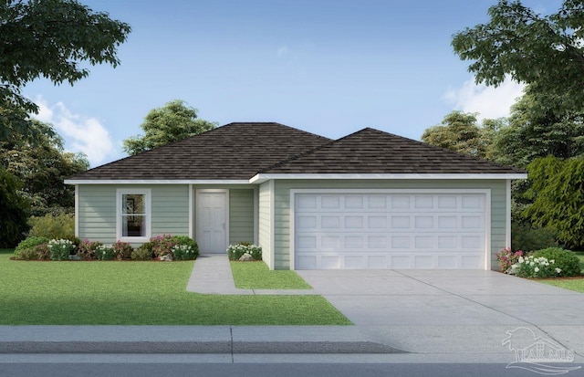 ranch-style house with a garage, a shingled roof, concrete driveway, and a front yard