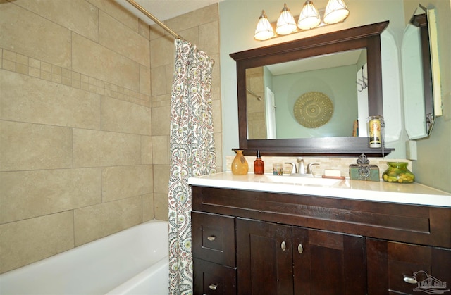 5845 Keystone Rd, Pensacola, FL 32504 - bathroom with vanity, shower / bath combo, and backsplash