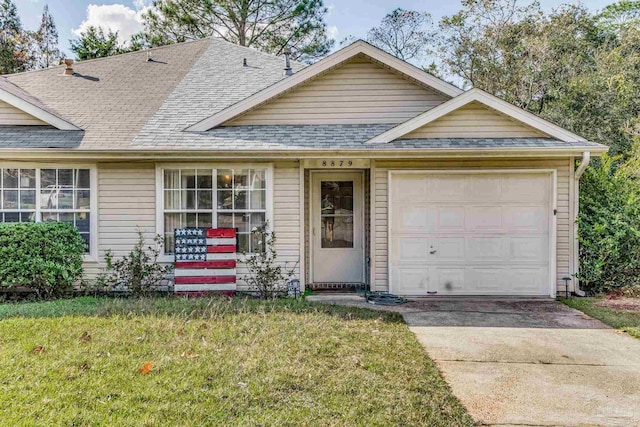 single story home with an attached garage, a shingled roof, driveway, and a front lawn