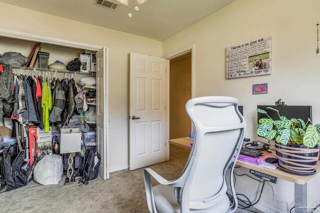 office with carpet flooring and a textured ceiling