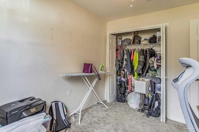 interior space featuring light carpet, a closet, and a textured ceiling