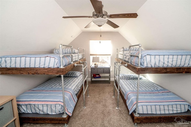 carpeted bedroom with ceiling fan and lofted ceiling