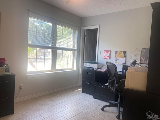 office area featuring light hardwood / wood-style flooring and a textured ceiling