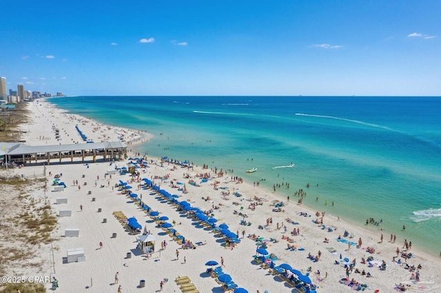 aerial view featuring a beach view and a water view