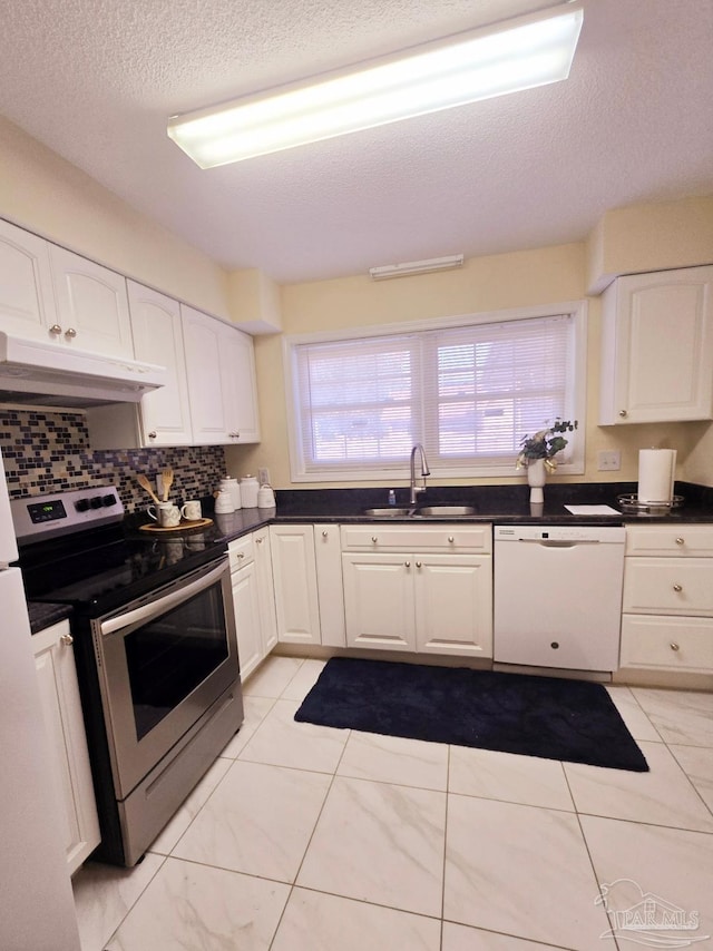 kitchen with white dishwasher, under cabinet range hood, a sink, white cabinetry, and stainless steel range with electric stovetop