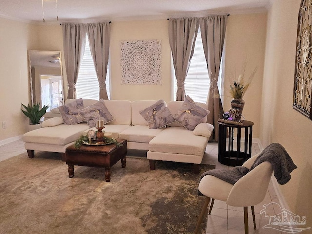 living room with baseboards and crown molding