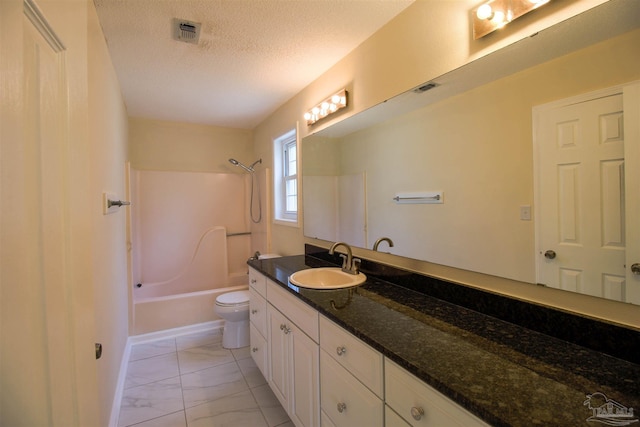 bathroom with visible vents, toilet, tub / shower combination, a textured ceiling, and vanity