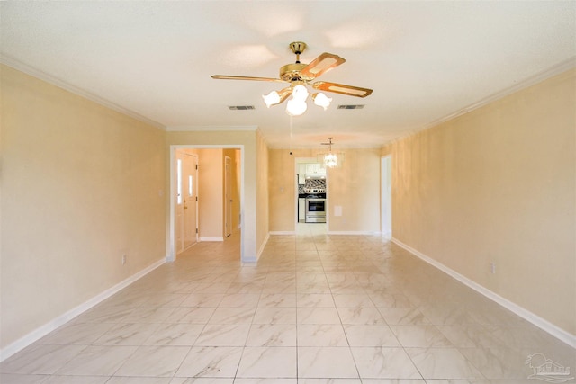 unfurnished living room with marble finish floor, a ceiling fan, visible vents, and crown molding