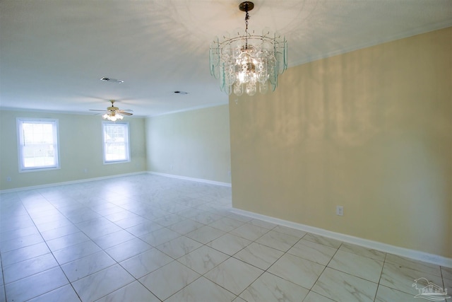 empty room featuring light tile patterned floors, baseboards, visible vents, crown molding, and ceiling fan with notable chandelier