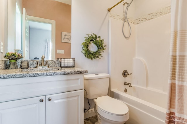 full bathroom with shower / tub combo with curtain, toilet, and vanity