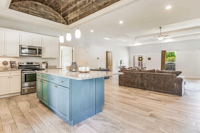 kitchen featuring white cabinetry, appliances with stainless steel finishes, a tray ceiling, and a kitchen island