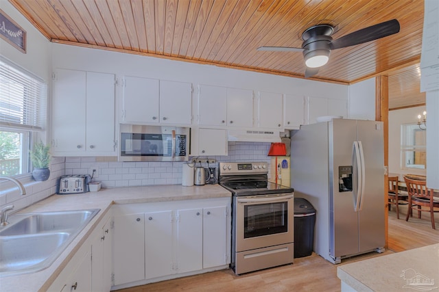 1424 Chemstrand Rd, Cantonment, FL 32533 - kitchen featuring stainless steel appliances, a sink, wood ceiling, under cabinet range hood, and white cabinets