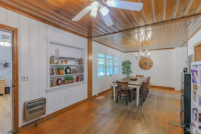 1424 Chemstrand Rd, Cantonment, FL 32533 - dining space featuring heating unit, wooden ceiling, wood-type flooring, a chandelier, and ceiling fan
