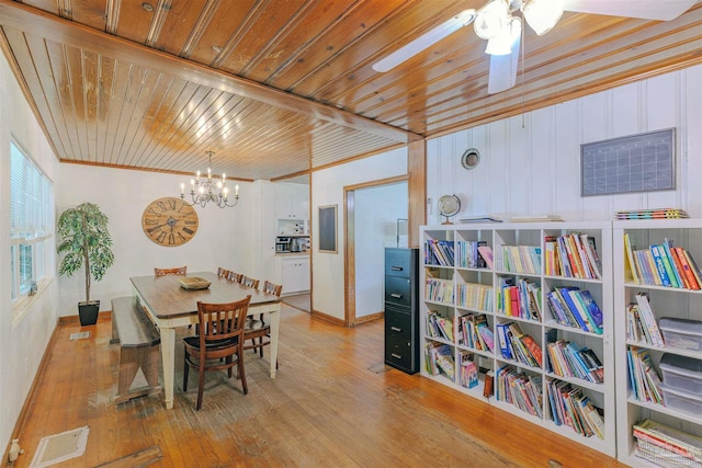 1424 Chemstrand Rd, Cantonment, FL 32533 - dining area with a chandelier, light wood-style flooring, wood ceiling, and ceiling fan