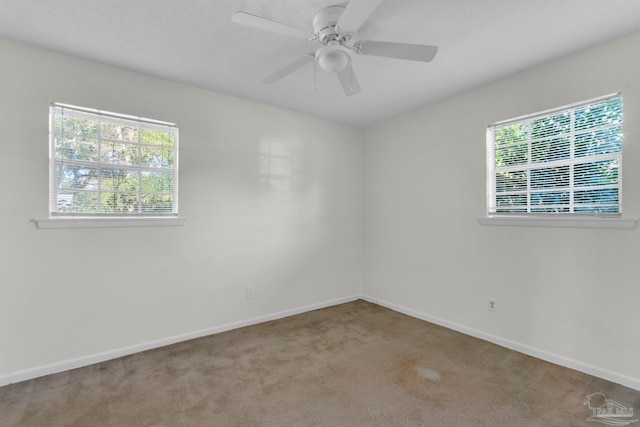 unfurnished room with carpet floors, plenty of natural light, and ceiling fan