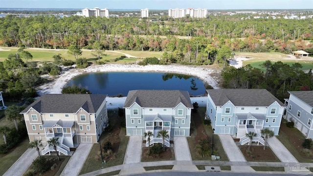 drone / aerial view featuring a water view