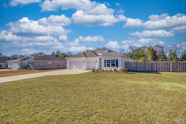 ranch-style house with a front yard and a garage