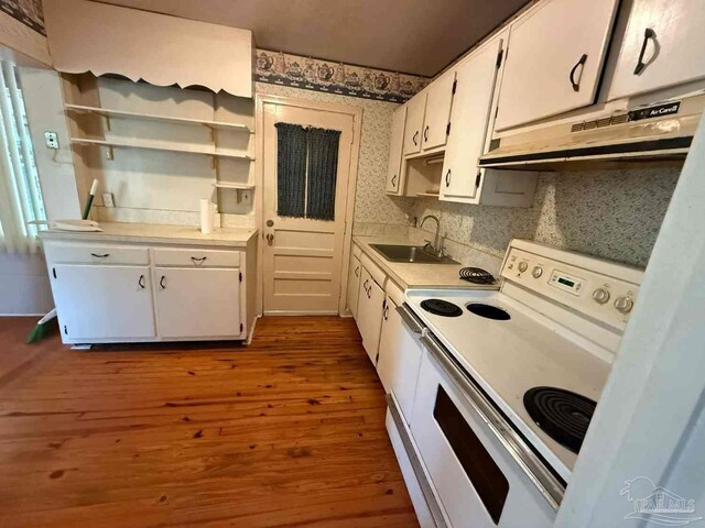602 Coulter Ave, Cantonment, FL 32533 - kitchen featuring electric stove, a sink, under cabinet range hood, open shelves, and dark wood-style flooring