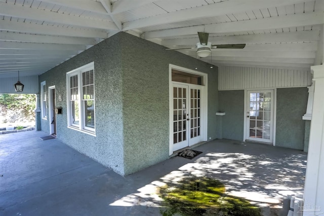 exterior space featuring ceiling fan and french doors