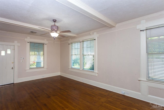 interior space with dark hardwood / wood-style floors, beamed ceiling, ceiling fan, crown molding, and a textured ceiling