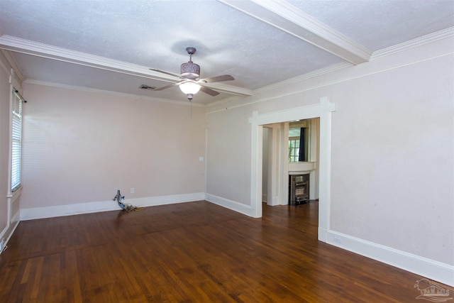 unfurnished room with dark hardwood / wood-style flooring, crown molding, beamed ceiling, and ceiling fan